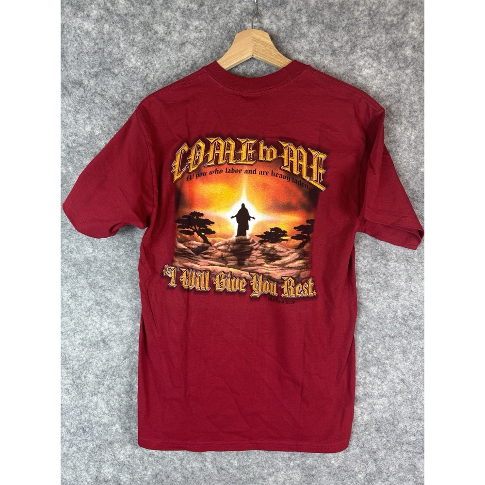 Vintage God Tshirt Mens Medium Religion Prayer Christian Matthew 11:28 90s Jesus